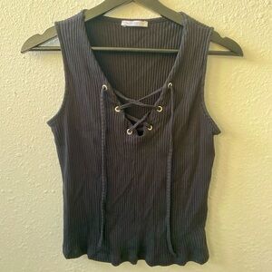 Zara Gray Ribbed Tie Front Tank Top